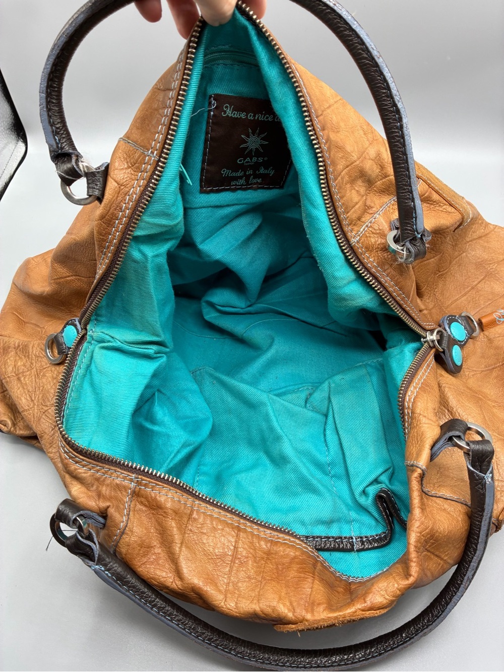 GABS ITALY Vintage-Inspired Tan Leather Shoulder Bag with Turquoise Accents - Picture 8 of 14